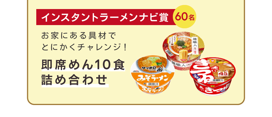 お家にある具材でとにかくチャレンジ！「インスタントラーメンナビ賞」（60名）即席めん10食詰め合わせ