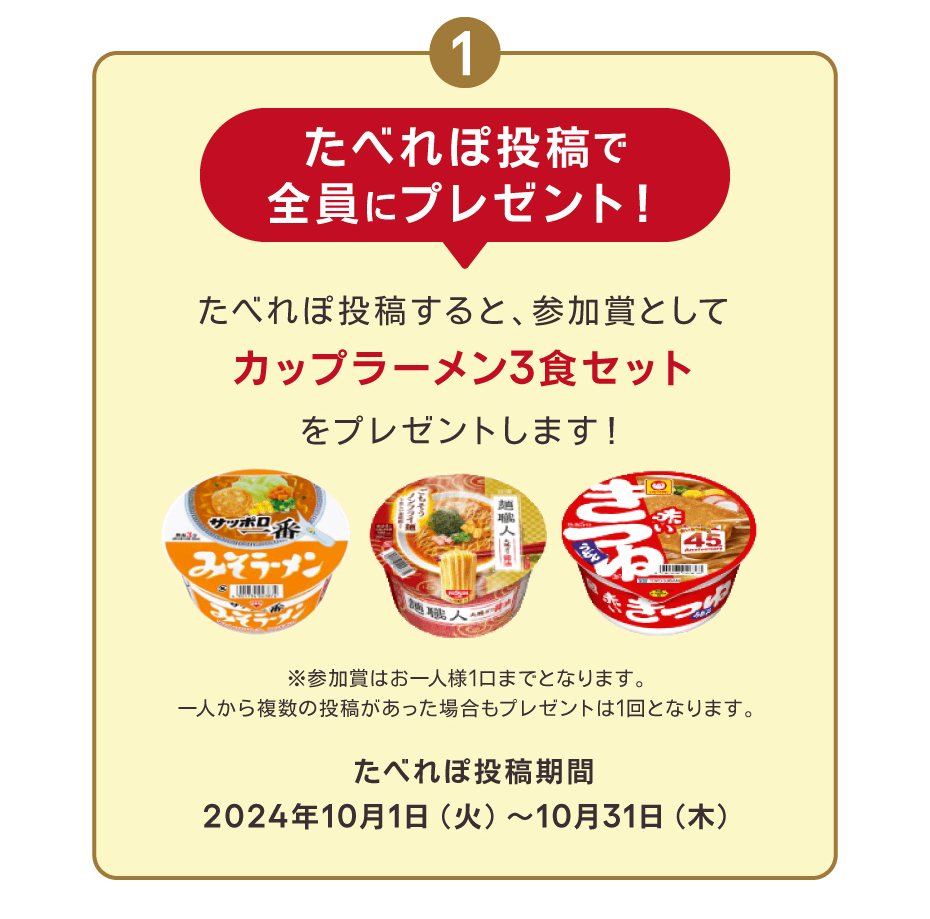 たべれぽ投稿で全員にプレゼント！たべれぽ投稿すると、参加賞としてカップラーメン3食セットをプレゼントします！※参加賞はお一人様1口までとなります。一人から複数の投稿があった場合もプレゼントは1回となります。たべれぽ投稿期間は2024年10月1日火曜日から10月31日木曜日まで